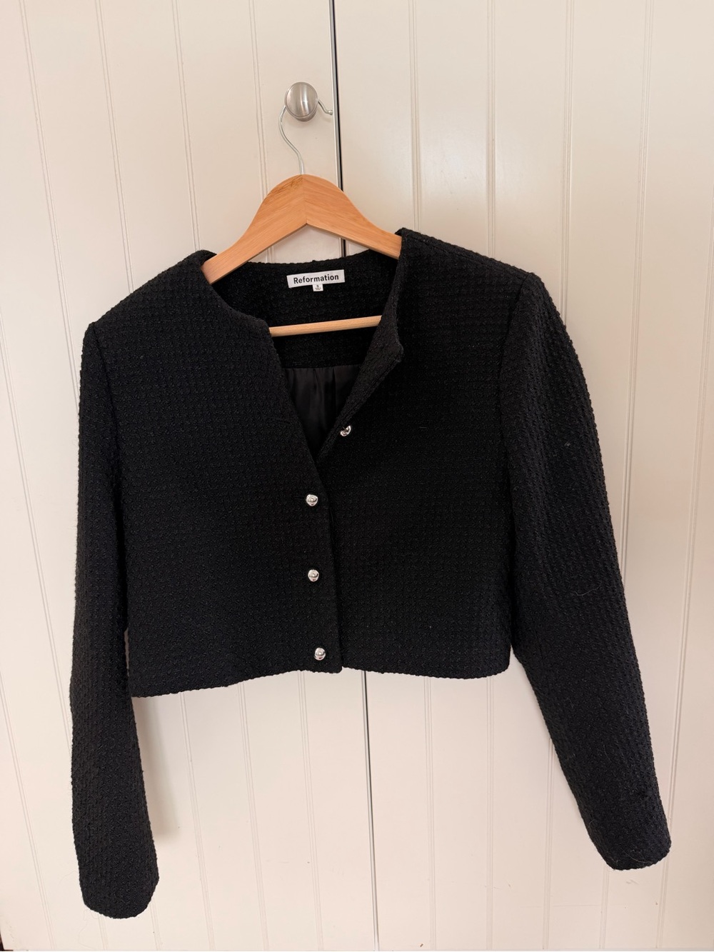 Reformation Black Cropped Bouclé Cardigan Jacket